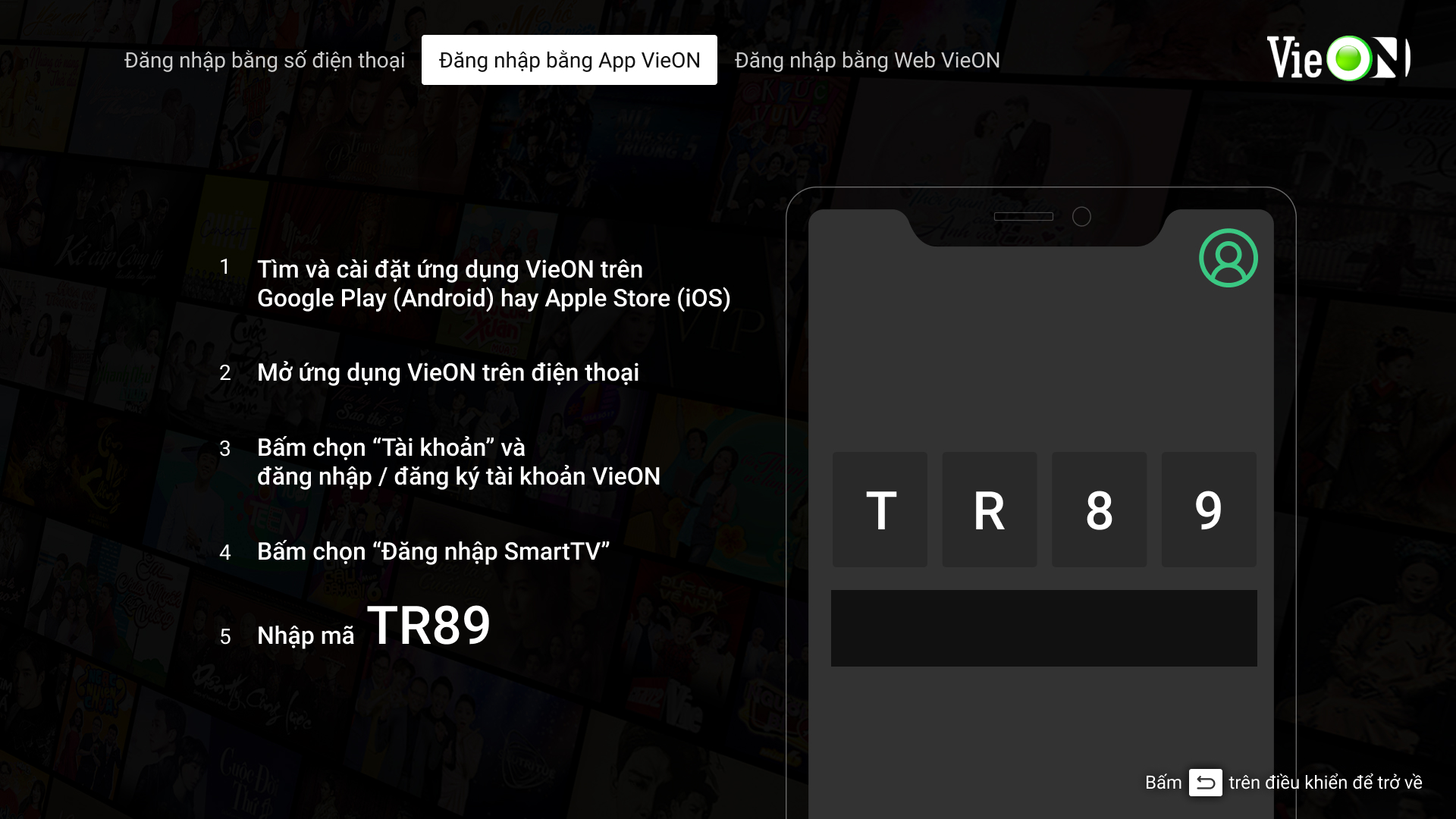 Hướng dẫn đăng nhập trên Smart TV thông qua ứng dụng VieON