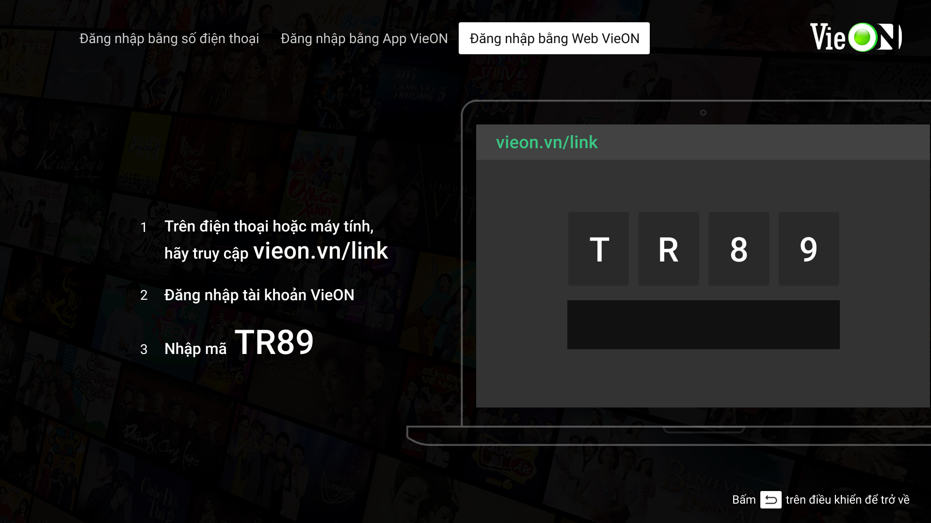 Hướng dẫn đăng nhập trên Smart TV thông qua website VieON